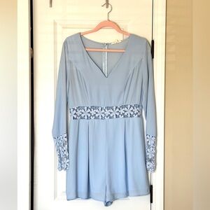 Baby Blue Long Sleeve Lace Trim Romper